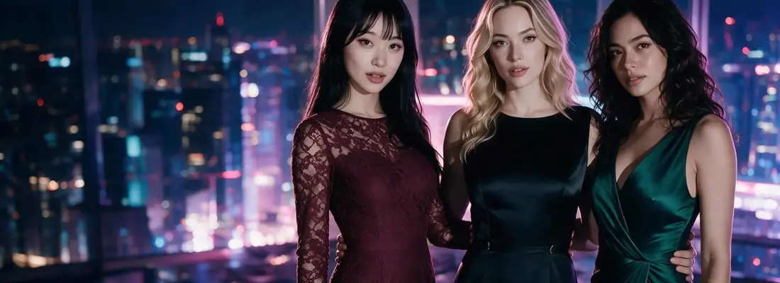 Three AI companion profiles from the Candy AI library, shown against a night skyline
